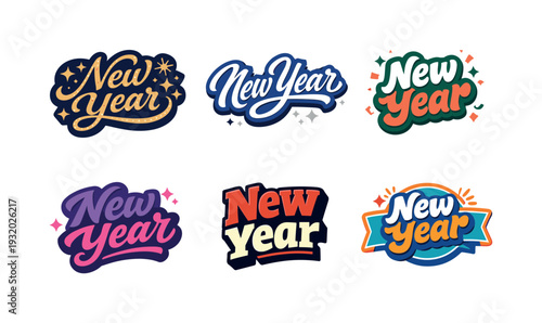 Modern holiday banner with short greeting slogan featuring modern lettering logo set for New Year, stock-ready festive wordmark