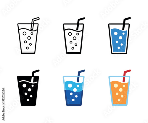 Fizzy drink illustration featuring a simple beverage glass with animated bubbles and a fresh, uplifting feel, duplicated six
