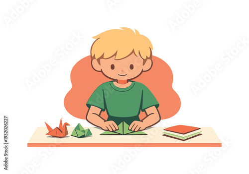 Sunny child folds paper shapes at a table, triangles aligned carefully, folded figures grouped, posture steady and patient. |