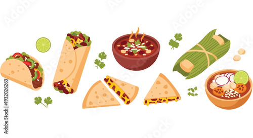 Flat lay illustration of various Mexican dishes including tacos, burritos, and bowls against a clean white background with vibrant colors.
