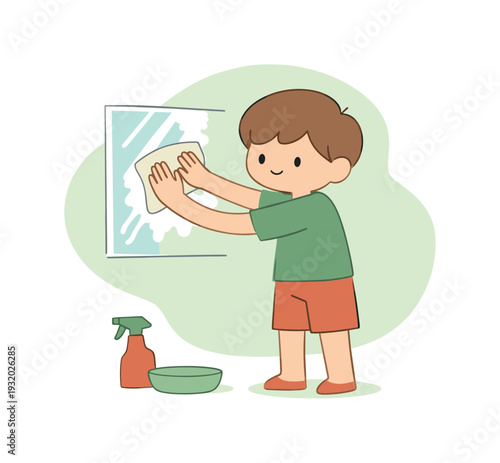 Gentle child cleans a window with a cloth, hands pressing lightly, glass clearing with steady rhythm. | cleaning window, window