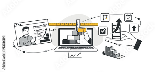 Modern minimal flat vector conceptual collage, crisp hard edges, consistent THIN outline stroke, rounded corners where needed,