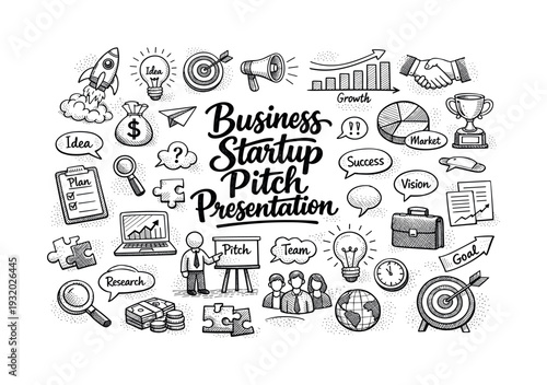 Business startup pitch presentation set, hand drawn doodle elements set, center hand-lettered title, black & white vector line