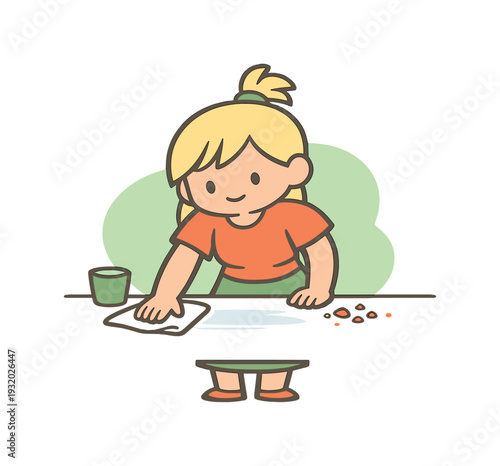 Sunny child wipes a table with a cloth, moving crumbs aside as smooth strokes leave the surface clean and slightly damp today her