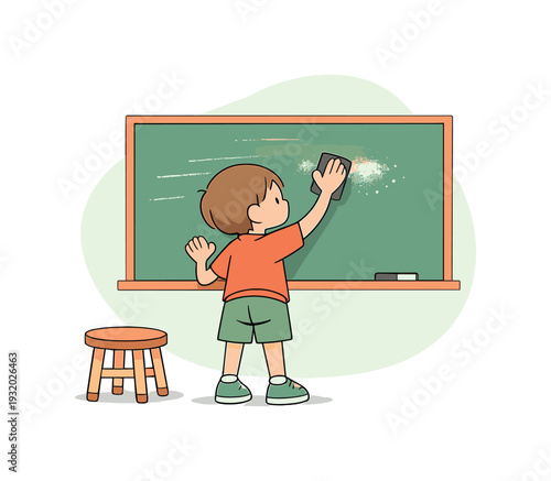 Small child cleans a chalkboard with an eraser, chalk dust drifting, lines fading, stool nearby, hands steady and focused now! |