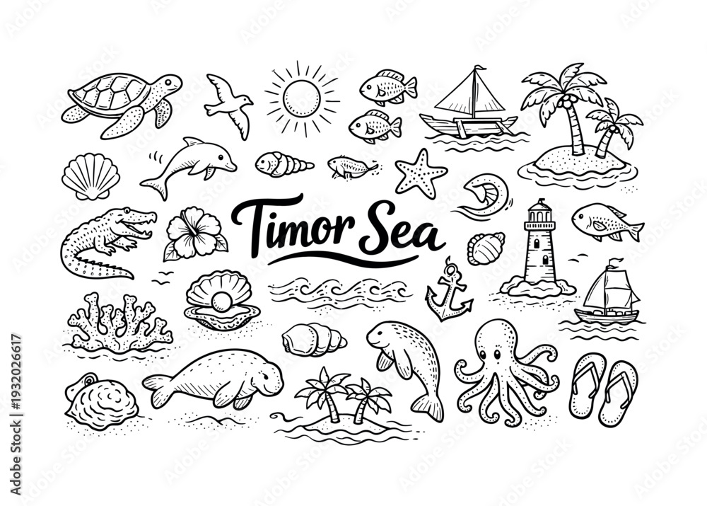 Naklejka premium Timor Sea scenic icons, hand drawn doodle elements set, center hand-lettered title, black & white vector line art, bold clean