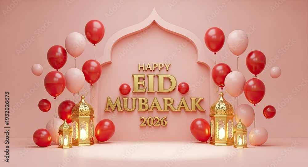 Obraz premium Eid mubarak wishes greetings islamic celebration background with balloons