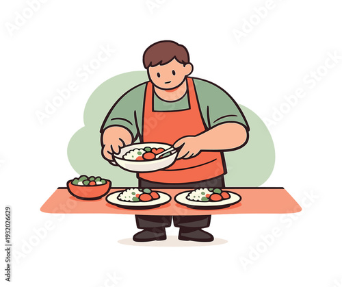Fresh person serves food onto plates at a table, lifting a dish carefully as portions are placed evenly with calm focus. |