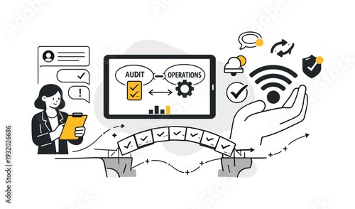 Modern minimal flat vector conceptual collage, crisp hard edges, consistent THIN outline stroke, rounded corners where needed,