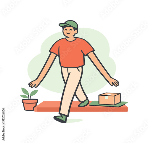 Bright person steps away from a doorstep after delivering a parcel, long arms easing back as the task ends | delivering parcel