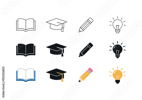 Book for digital learning content, graduation cap for online achievement, pencil for interactive study, and light bulb for