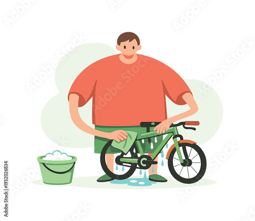 Quiet person washes a bicycle outdoors, water dripping from the frame as a cloth moves along metal parts nearby | washing bicycle