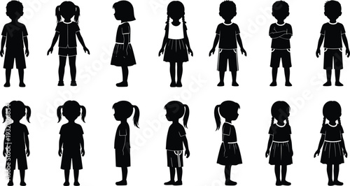 Silhouettes of diverse children in various poses, boys and girls standing, walking, front-facing, side-facing, playful stances, educational design illustration