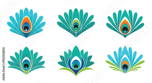 Six colorful peacock feather designs arranged in two rows on a white background with vibrant blue, green, and orange hues.