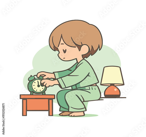 Morning child sets an alarm clock on a bedside table, fingers turning the dial, pajamas loose, lamp glowing softly nearby. |