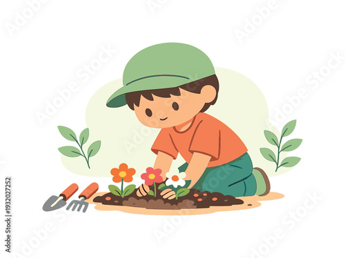 Fresh child plants colorful flowers in soil outdoors, kneeling by a small bed as tools rest nearby and leaves sway gently softly!