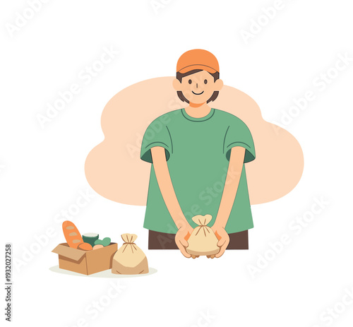 Bright volunteer hands out food parcels, long arms stretching forward as the final bag is offered | volunteer food parcels, flat