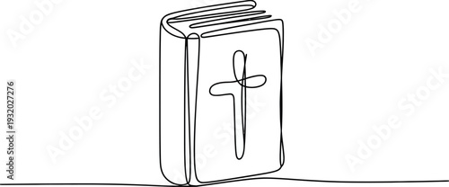 A simple continuous line drawing depicts a standing book with a cross on the cover. This minimalist sketch represents a Bible or religious text used for worship. 