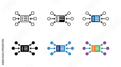 Integration hub icon portraying a server or endpoint with connecting arrows to multiple nodes, suggesting API communication and