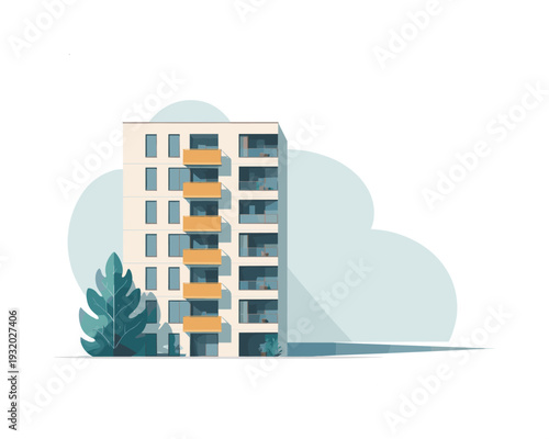 Modern apartment building with balconies and a large green plant in front