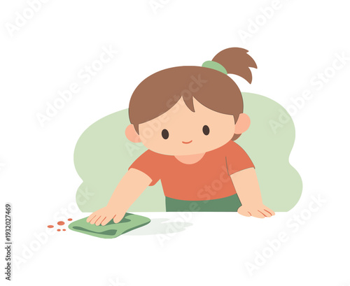 Child Cleans Table. Fresh child wipes a table with a cloth, moving crumbs aside as smooth strokes leave the surface clean and