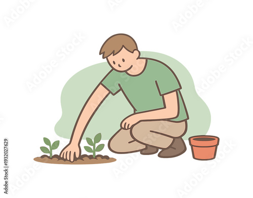 Checking Soil Moisture. Light person checks soil moisture by pressing fingers into earth near plants while a small pot rests