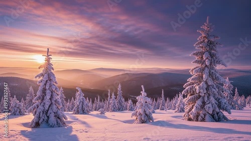 Snowy Mountain Landscape at Sunrise Winter Forest Sunset Pink Sky.