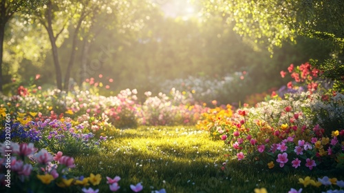 Sunlit garden pathway abloom with vibrant summer flowers and lush greenery