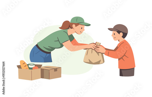 Morning volunteer hands out food parcels, body leaning forward as a bag is passed and hands meet briefly | volunteer food parcels