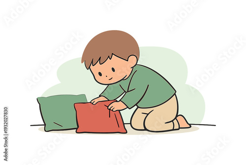 Calm child leans forward aligning a cushion corner carefully while another pillow rests nearby on the sofa. | child arranging