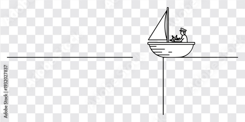 Minimalist Sailboat with Stick Figure Illustration, Stick Figure Sailing Small Boat on Horizon Line Art
