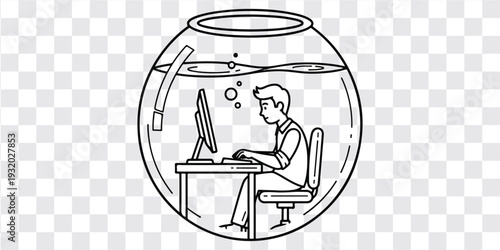 Person Trapped in Fishbowl Working at Computer Illustration, Fishbowl Office Worker at Desk Cartoon