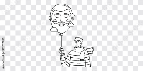 Balloon with Elderly Man Face Illustration, Person Holding Grandfather Balloon Line Art