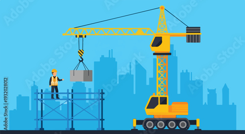 A construction worker on scaffolding guides a large yellow crane lifting a concrete block, with city silhouettes in the background.