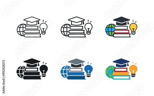 Academic Icons Grid. Education concept symbolizing study and learning through a combination of books, academic symbols, and idea