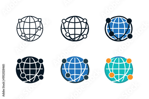 Worldwide digital network icon featuring a globe encircled by connecting points and lines, symbolizing internet connectivity,