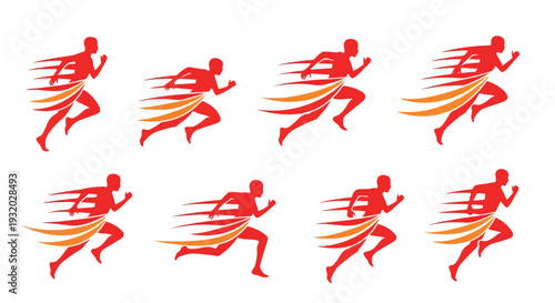 Eight red human silhouettes running with motion lines on a white background in a graphic illustration.