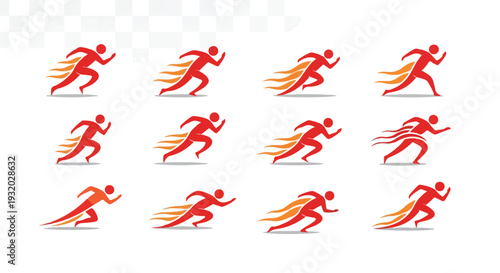 Collection of dynamic red runner icons with motion lines on a transparent background, showcasing various sprinting poses.