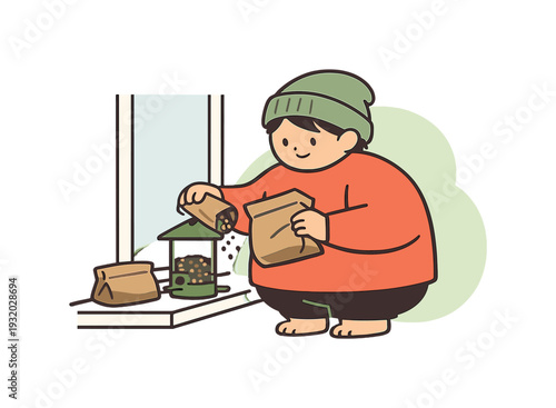 Cozy person refills a bird feeder near a window, seed bag folded, feeder resting briefly on sill. | bird feeder, refilling, flat