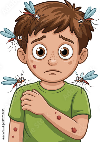 A distressed young boy is surrounded by a swarm of buzzing mosquitoes. He looks unhappy as red, itchy bumps cover his face and arms.