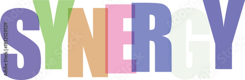 Multicolored text graphic with the word synergy in bold letters