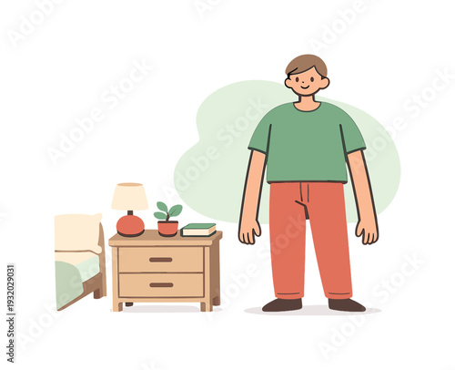 Organized Nightstand Bliss. Bright person finishes organizing a nightstand and steps back, leaving the bedside clear and orderly.