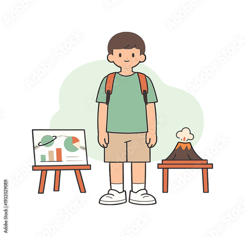 Calm student presents a school project, standing still as gestures pause and visuals remain simple | student school project