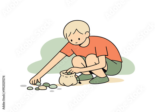 Light child collects smooth stones into a small pouch, crouching near ground as pebbles gleam and hands move slowly. | collecting