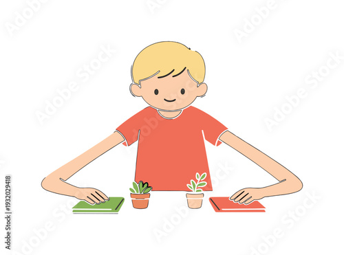 Child's Creative Table Decor. Light child decorates a table with napkins and small plants, aligning items neatly while hands pause