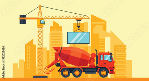 A colorful vector illustration of a construction site featuring a crane lifting a panel and a concrete mixer truck pouring material amidst city buildings.
