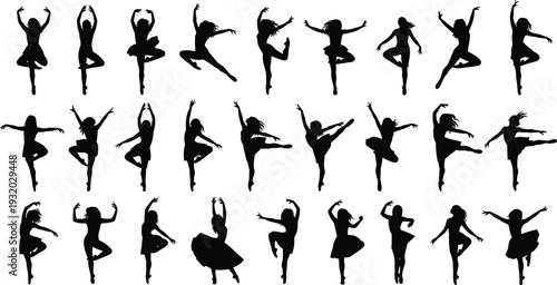 Black silhouette vector illustration of dancers in ballet and contemporary poses, expressive movement icons, artistic performance, graceful stances, choreography, dance design