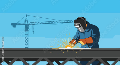 A welder in protective gear works on a metal beam, producing bright sparks, with a large construction crane in the background.
