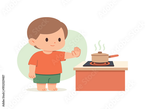 Calm child learns kitchen safety near a counter, hot surface avoided, distance kept with steady control. | kitchen safety,