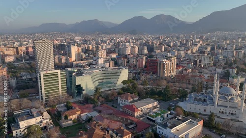 Aerial drone view of buildings downtown Tirana, Albania